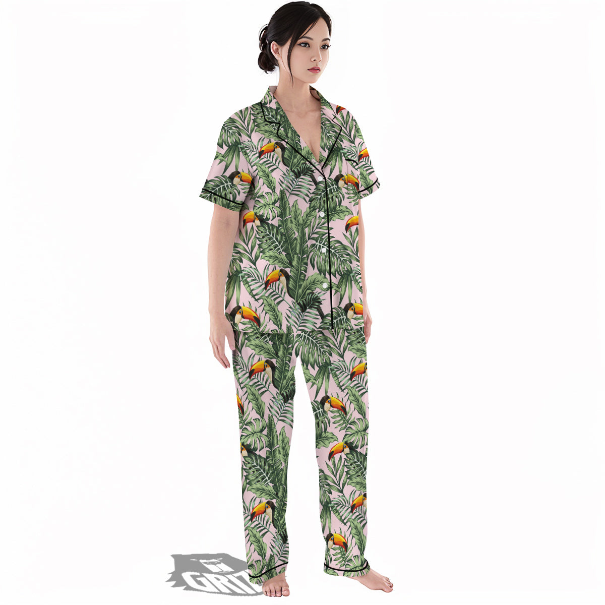 Toucan And Tropical Palm Leaf Print Women's Pajamas Set-grizzshop