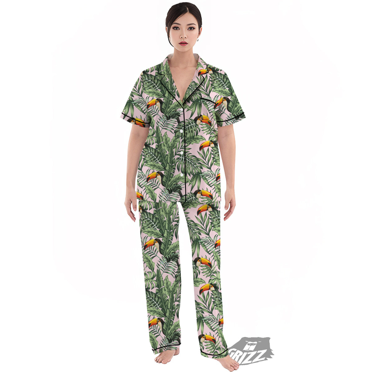 Toucan And Tropical Palm Leaf Print Women's Pajamas Set-grizzshop