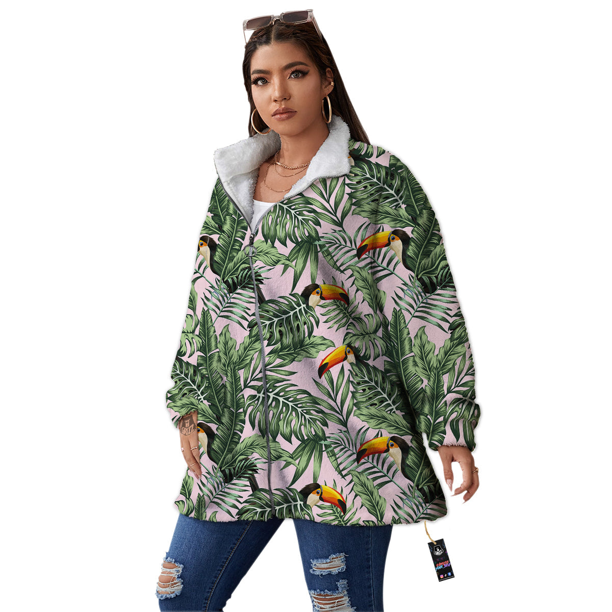 Toucan And Tropical Palm Leaf Print Women's Sherpa Jacket-grizzshop