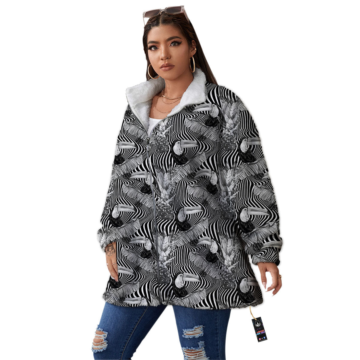 Toucan Black Illusion Print Pattern Women's Sherpa Jacket-grizzshop