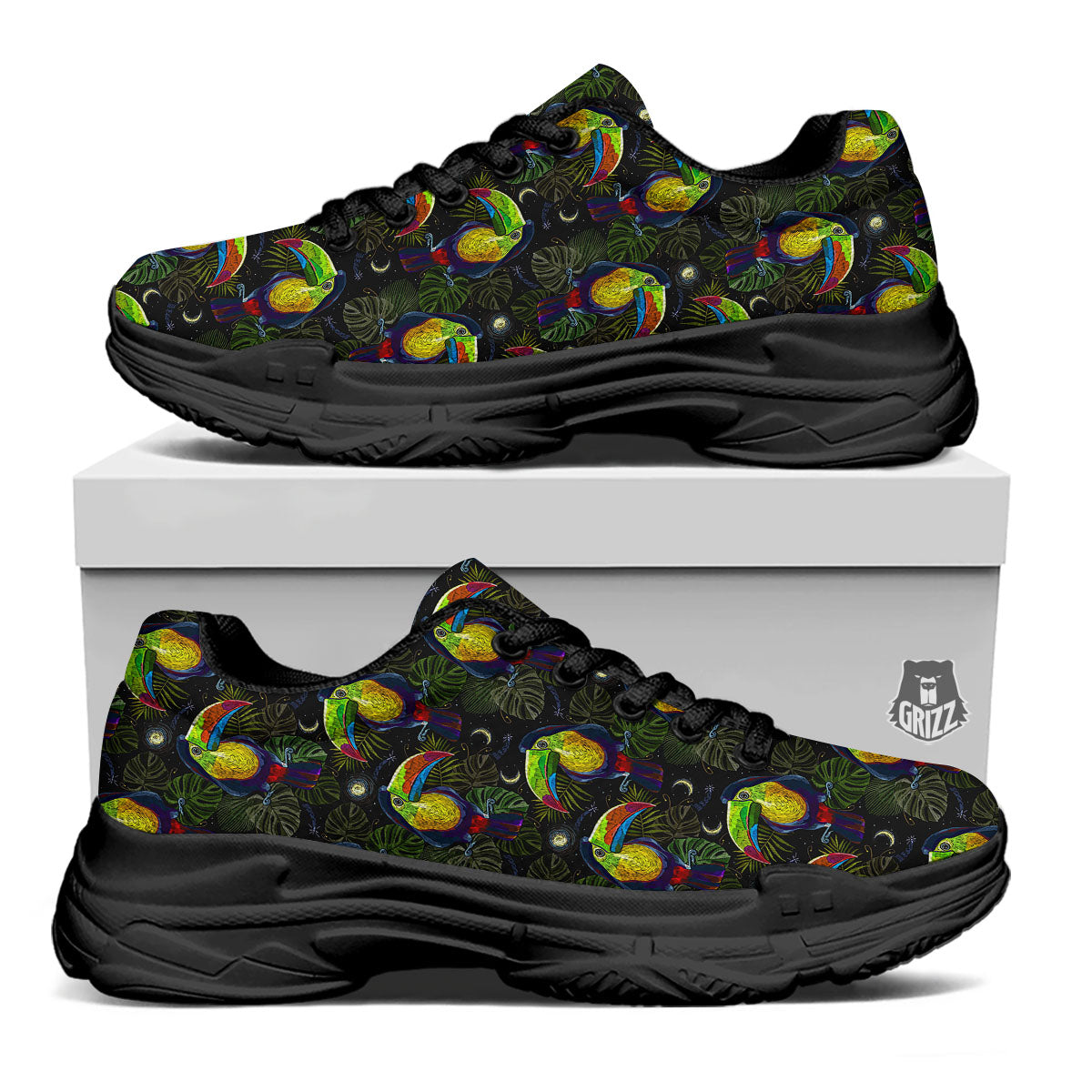 Toucan Keel Billed Tropical Print Pattern Black Chunky Shoes-grizzshop