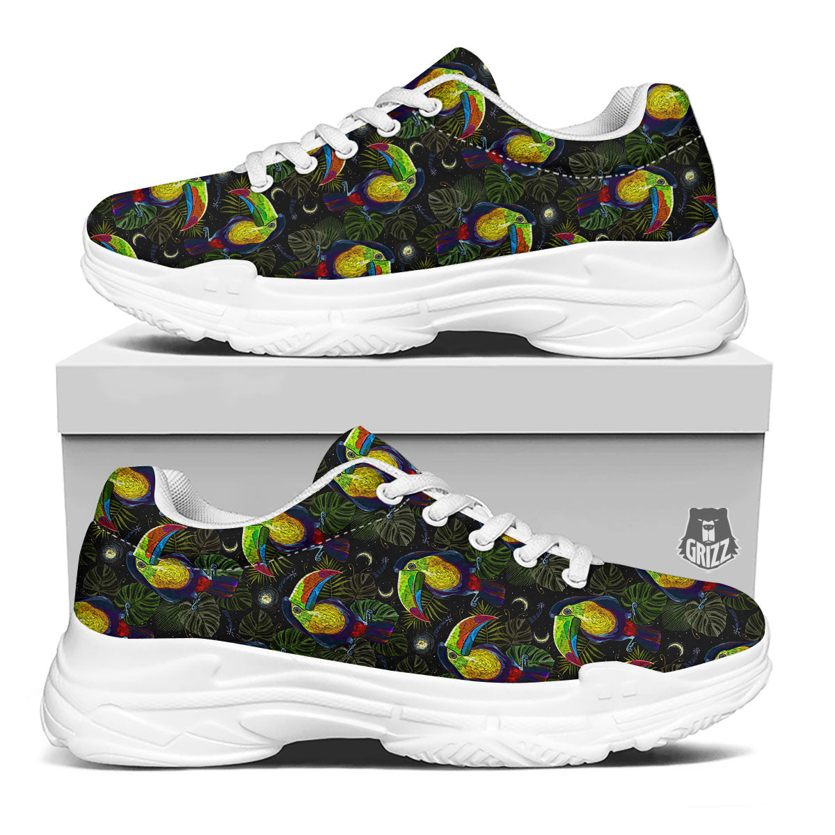 Toucan Keel Billed Tropical Print Pattern White Chunky Shoes-grizzshop