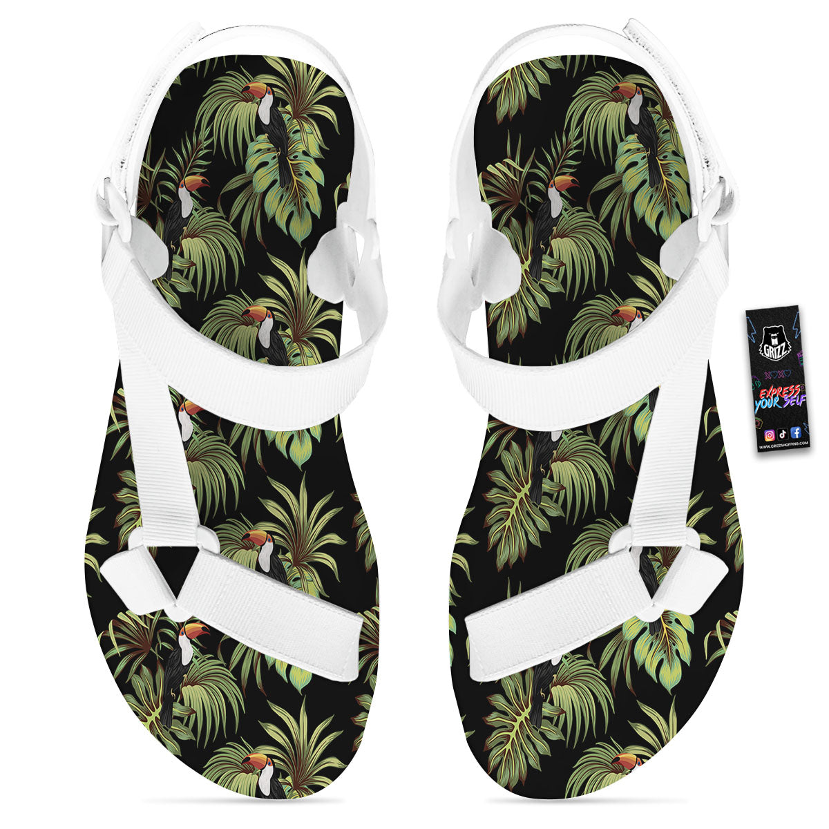 Toucan Vintage Print Pattern White Open Toe Sandals-grizzshop