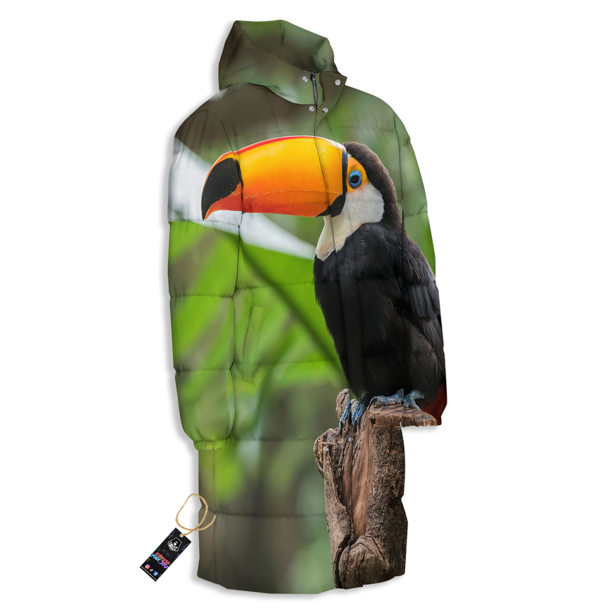Toucan Aloha Keel-Billed Print Long Down Jacket