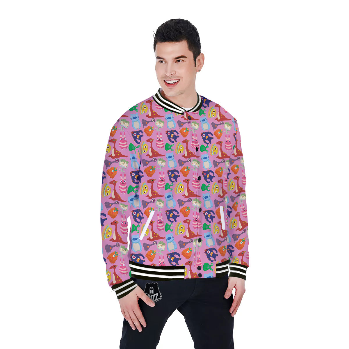 Toy Monster Cute Pink Print Pattern Baseball Jacket-grizzshop