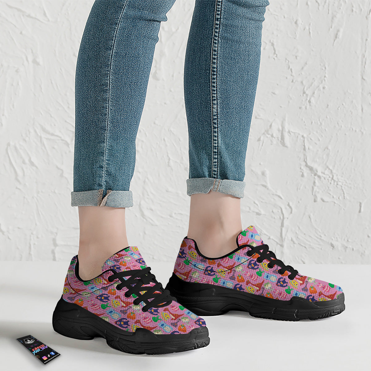 Toy Monster Cute Pink Print Pattern Black Chunky Shoes-grizzshop