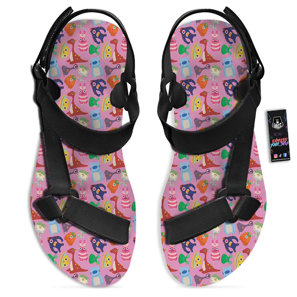 Toy Monster Cute Pink Print Pattern Black Open Toe Sandals-grizzshop