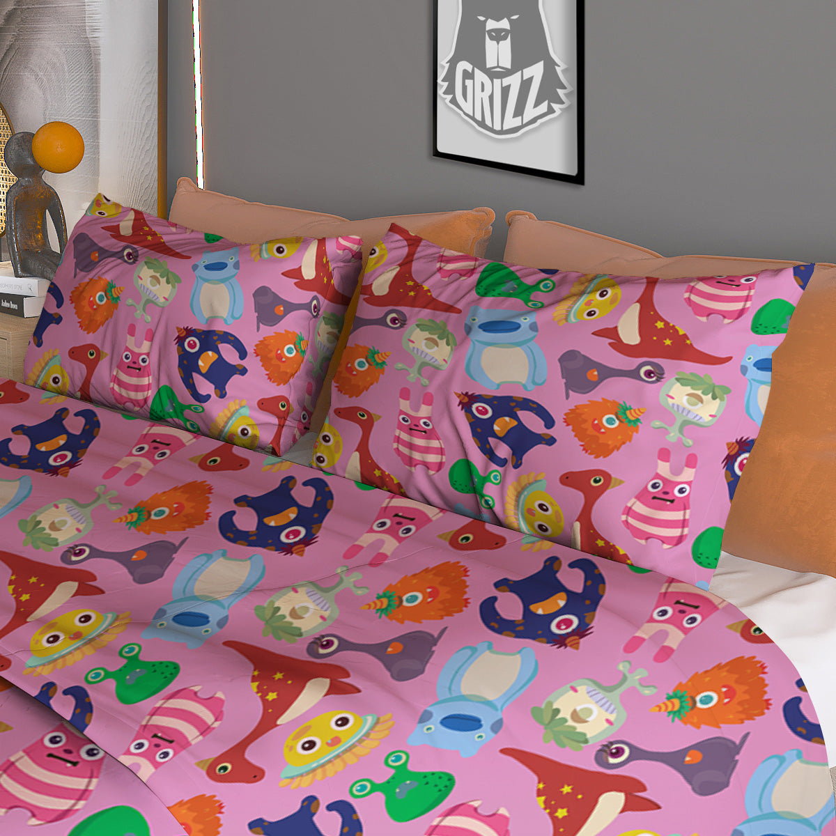 Toy Monster Cute Pink Print Pattern Duvet Cover Bedding Set
