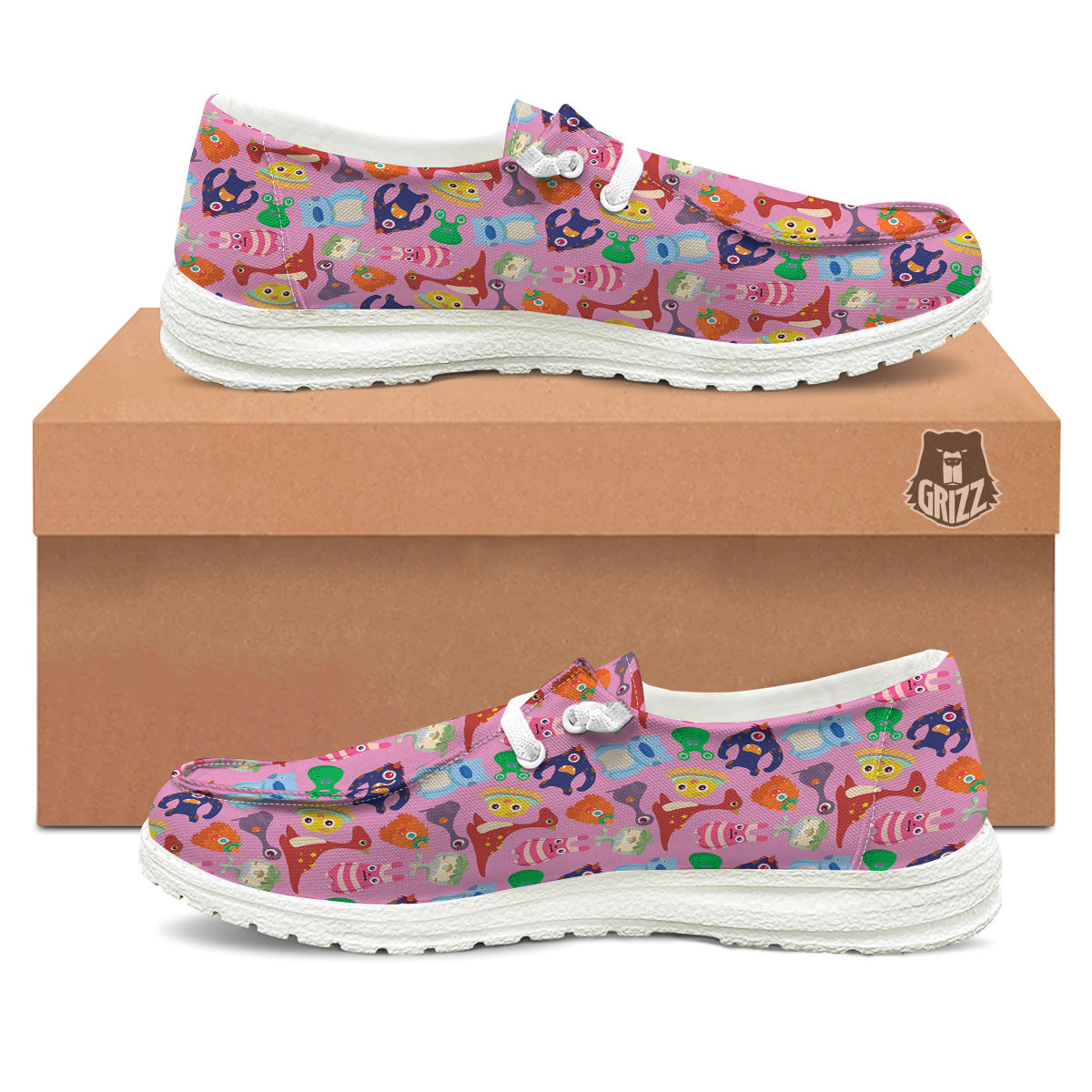Toy Monster Cute Pink Print Pattern White Loafers-grizzshop