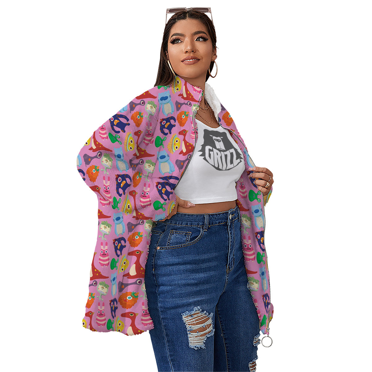 Toy Monster Cute Pink Print Pattern Women's Sherpa Jacket-grizzshop