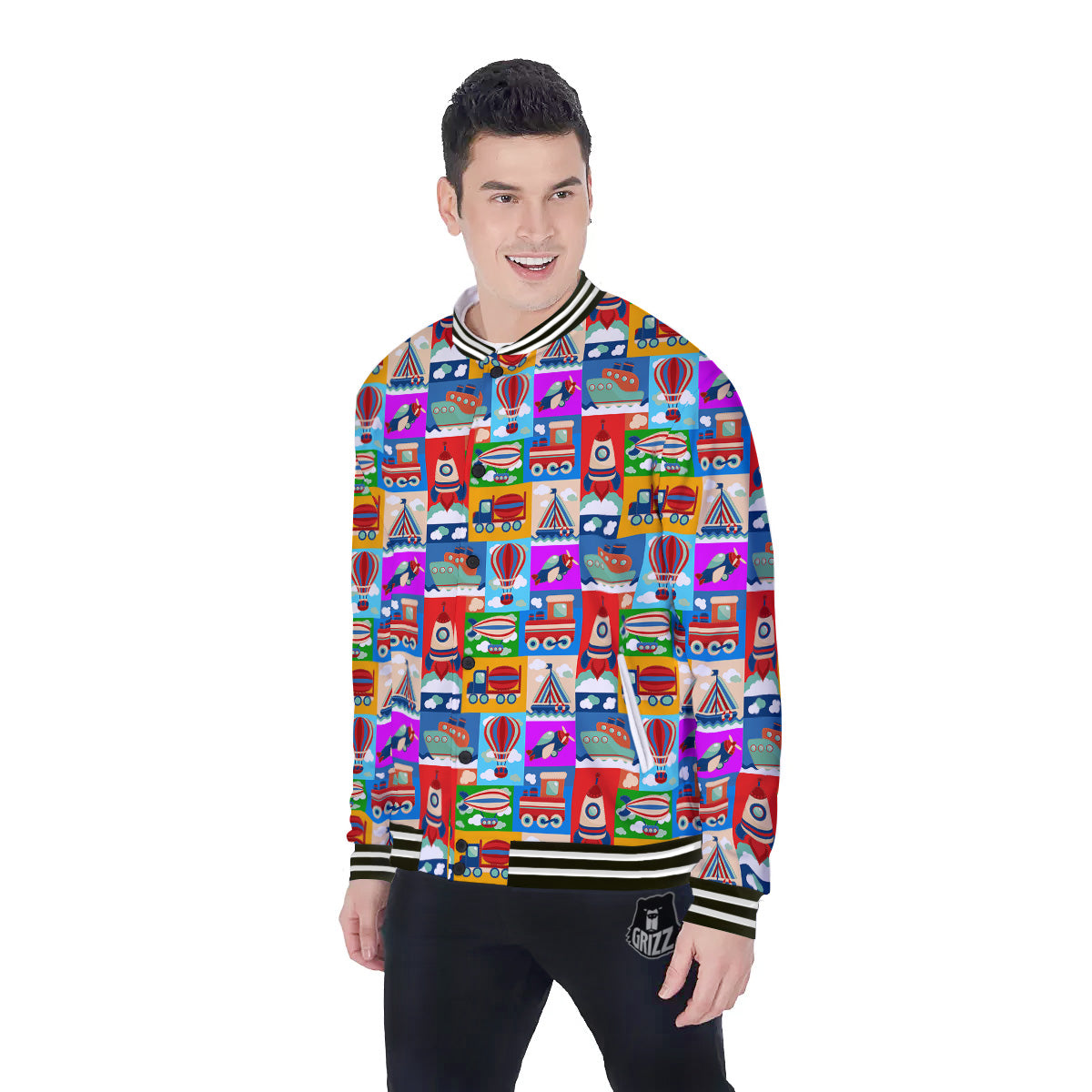 Toy Transport Cartoon Colorful Print Pattern Baseball Jacket-grizzshop