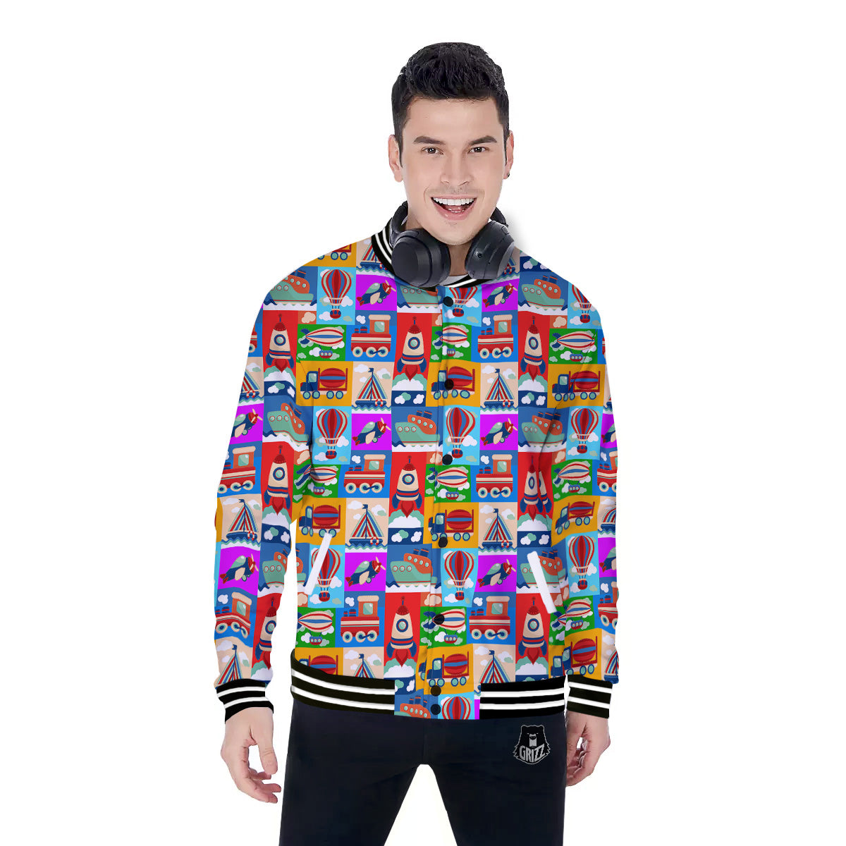 Toy Transport Cartoon Colorful Print Pattern Baseball Jacket-grizzshop