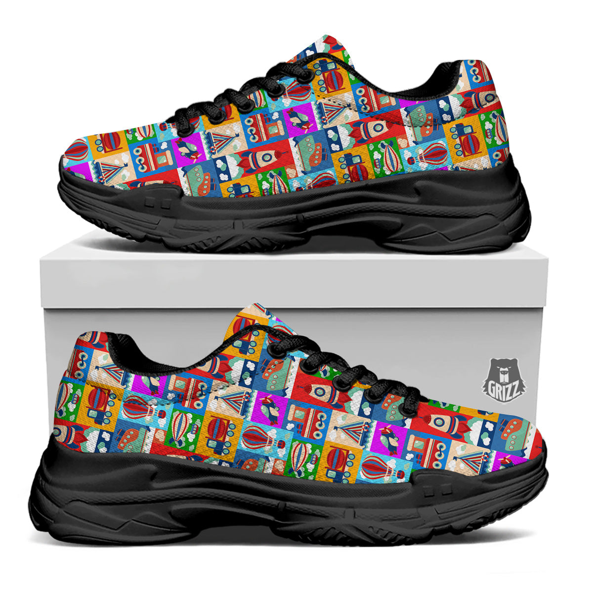 Toy Transport Cartoon Colorful Print Pattern Black Chunky Shoes-grizzshop
