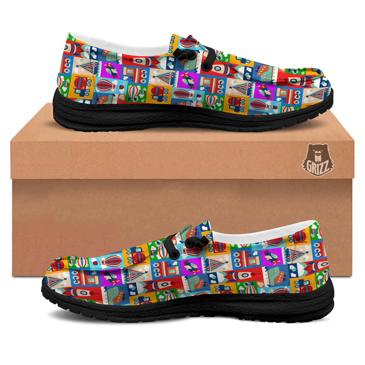 Toy Transport Cartoon Colorful Print Pattern Black Loafers-grizzshop