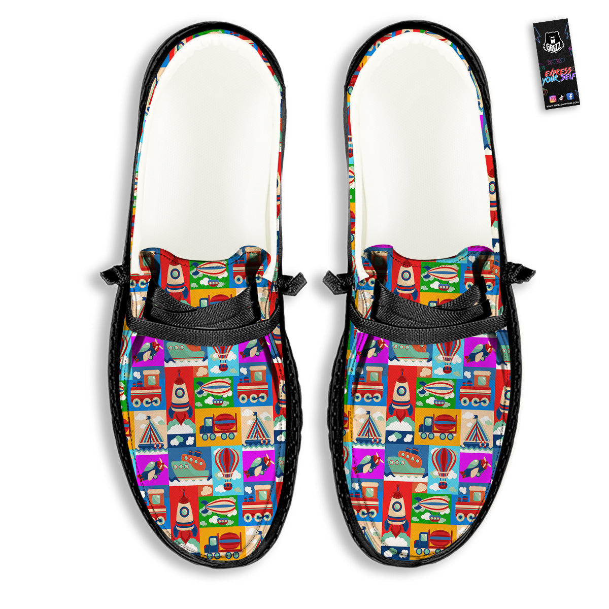 Toy Transport Cartoon Colorful Print Pattern Black Loafers-grizzshop