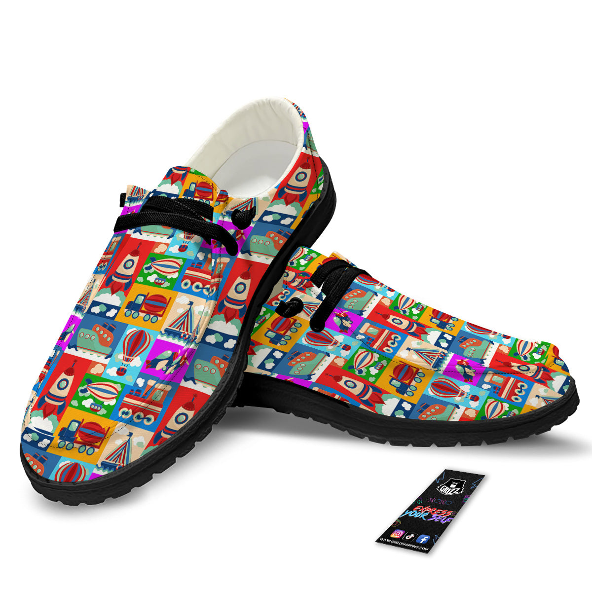 Toy Transport Cartoon Colorful Print Pattern Black Loafers-grizzshop