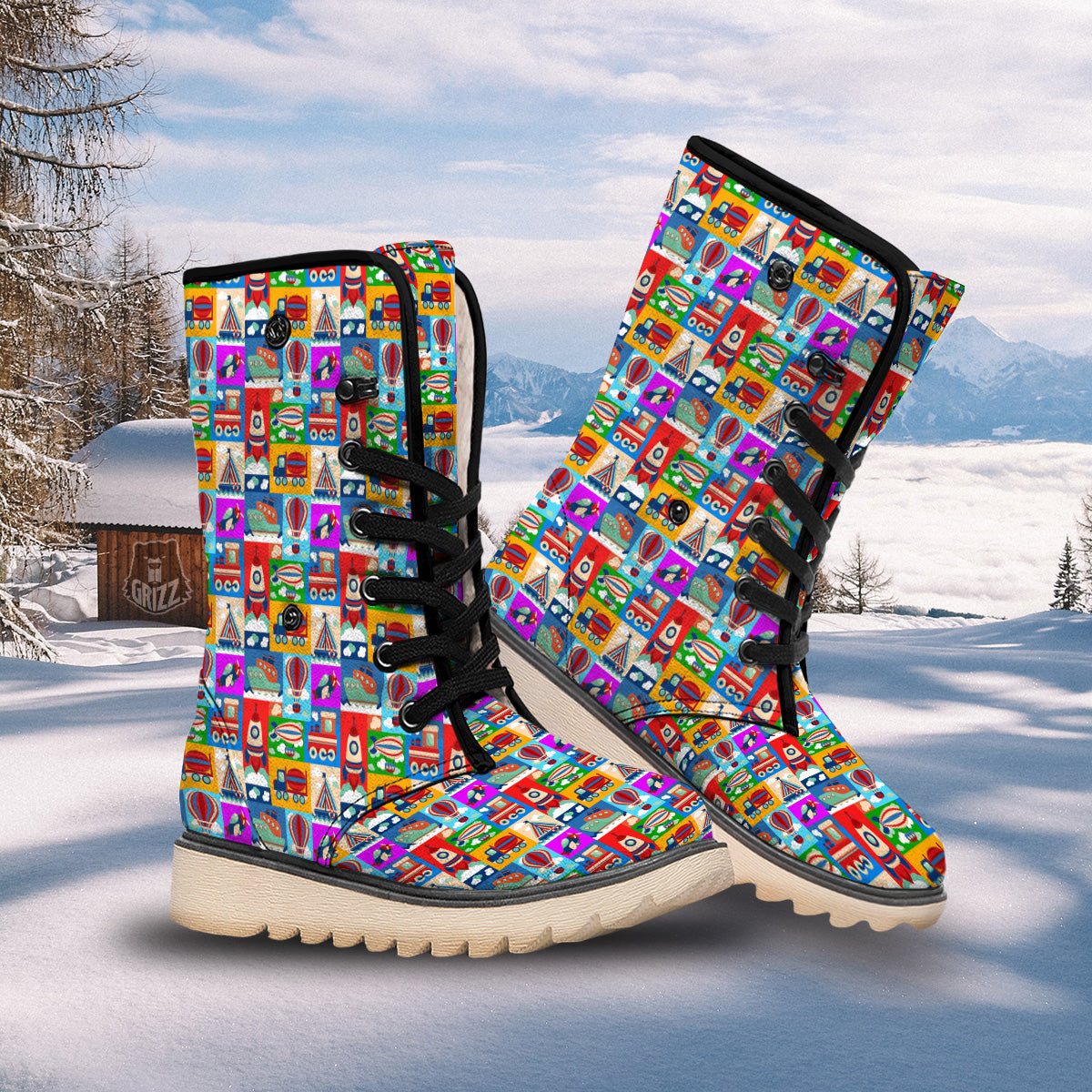 Toy Transport Cartoon Colorful Print Pattern Snow Boots-grizzshop