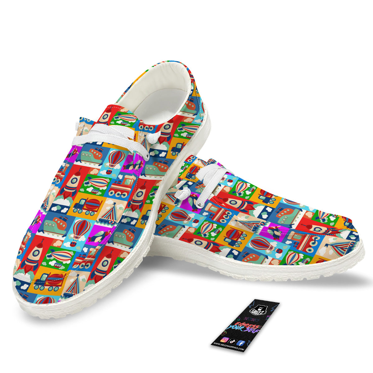 Toy Transport Cartoon Colorful Print Pattern White Loafers-grizzshop