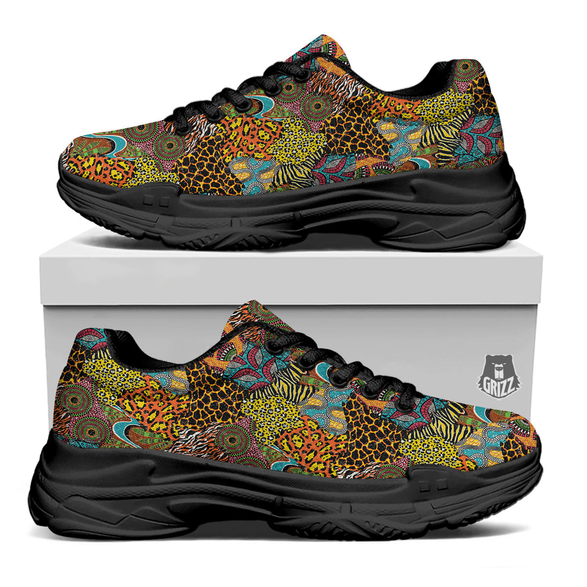 Traditional African And Wild Animal Skins Print Pattern Black Chunky Shoes-grizzshop