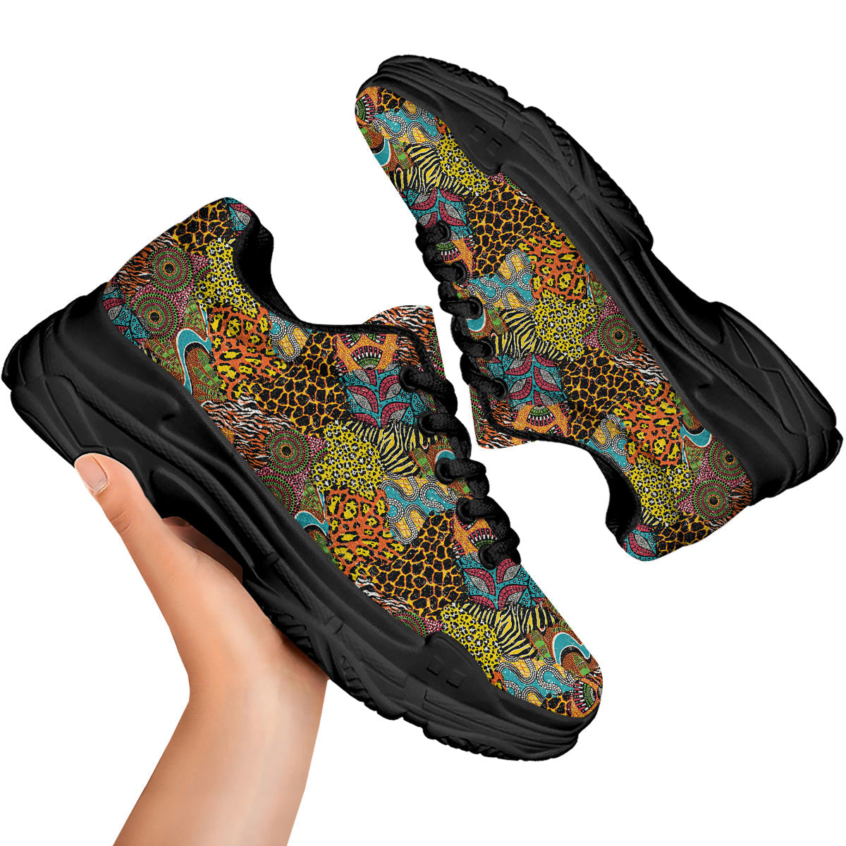 Traditional African And Wild Animal Skins Print Pattern Black Chunky Shoes-grizzshop