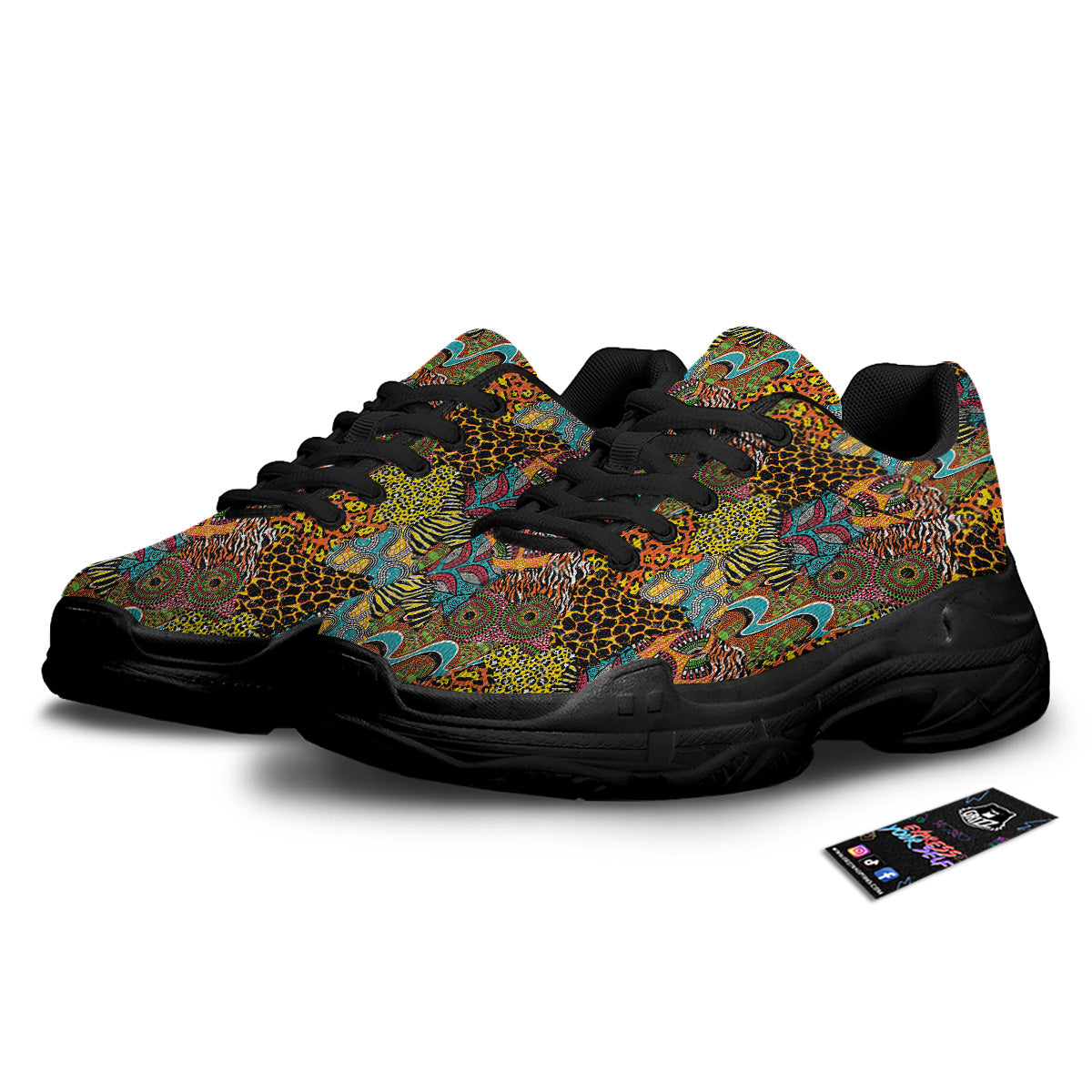 Traditional African And Wild Animal Skins Print Pattern Black Chunky Shoes-grizzshop