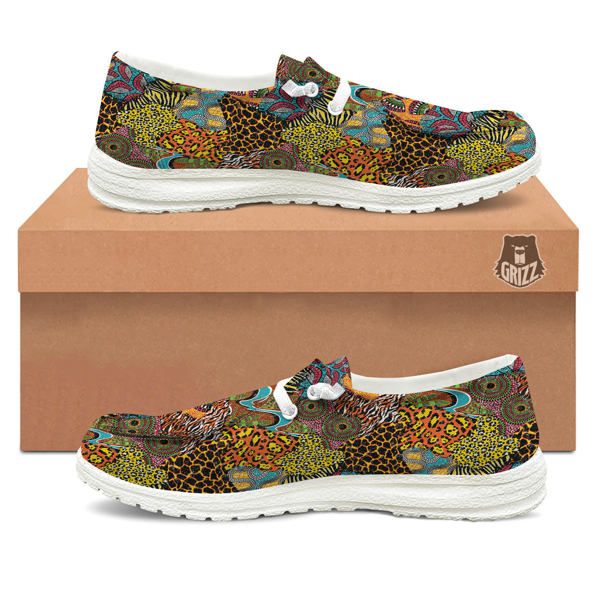 Traditional African And Wild Animal Skins Print Pattern White Loafers-grizzshop