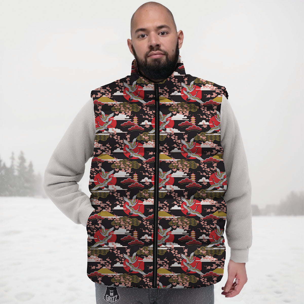 Traditional Japanese Print Pattern Down Vest