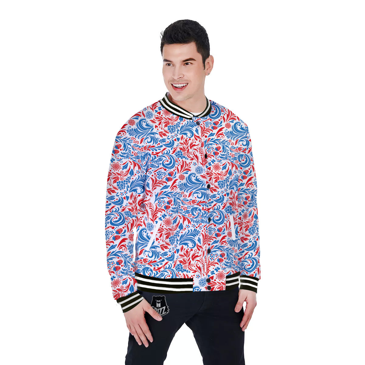 Traditional Khokhloma Red And Blue Print Pattern Baseball Jacket-grizzshop