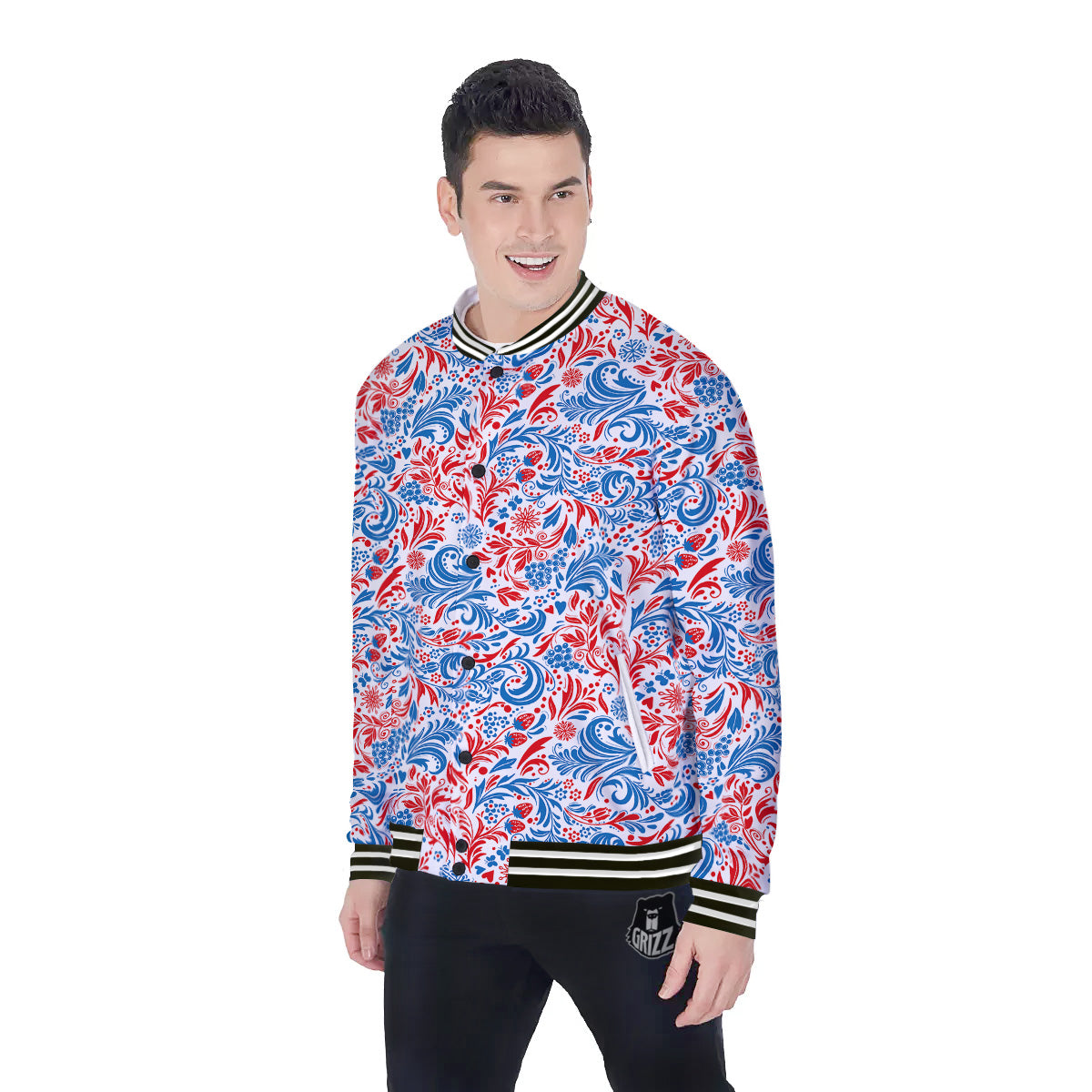 Traditional Khokhloma Red And Blue Print Pattern Baseball Jacket-grizzshop