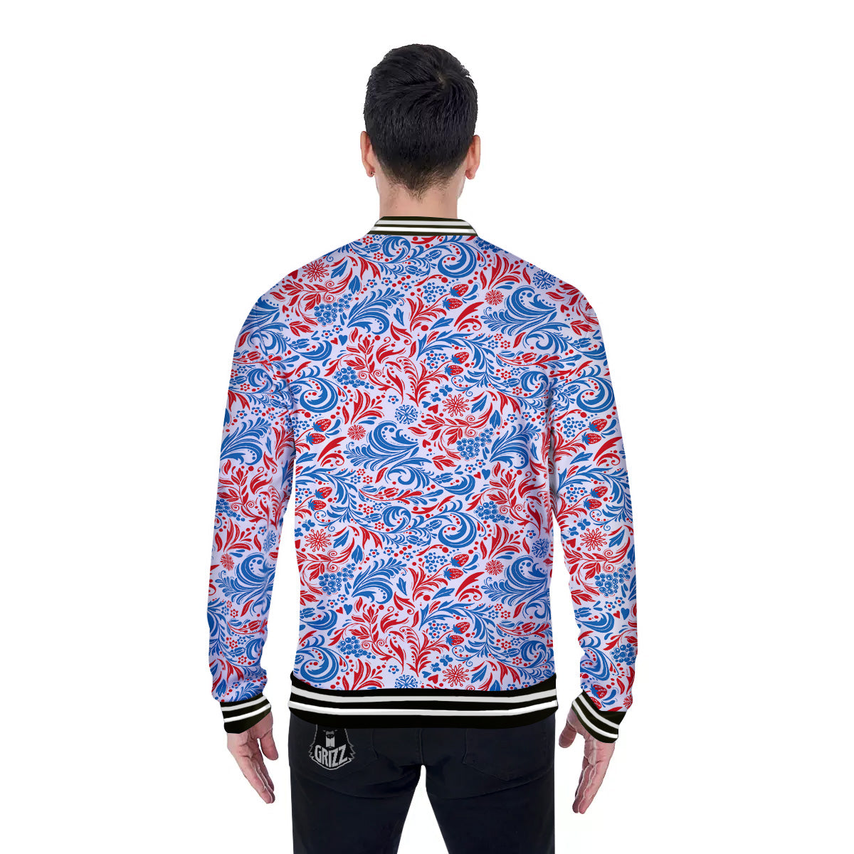Traditional Khokhloma Red And Blue Print Pattern Baseball Jacket-grizzshop
