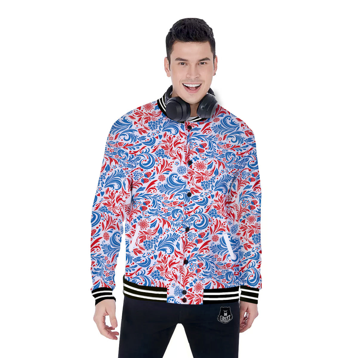 Traditional Khokhloma Red And Blue Print Pattern Baseball Jacket-grizzshop