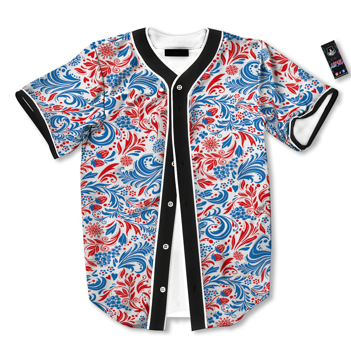 Traditional Khokhloma Red And Blue Print Pattern Baseball Jersey-grizzshop
