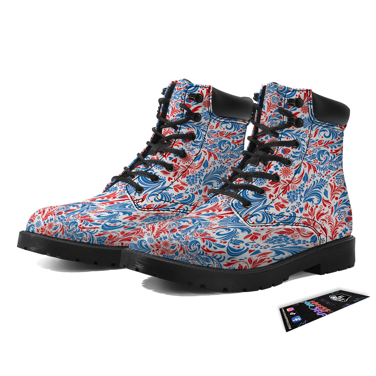 Traditional Khokhloma Red And Blue Print Pattern Boots-grizzshop