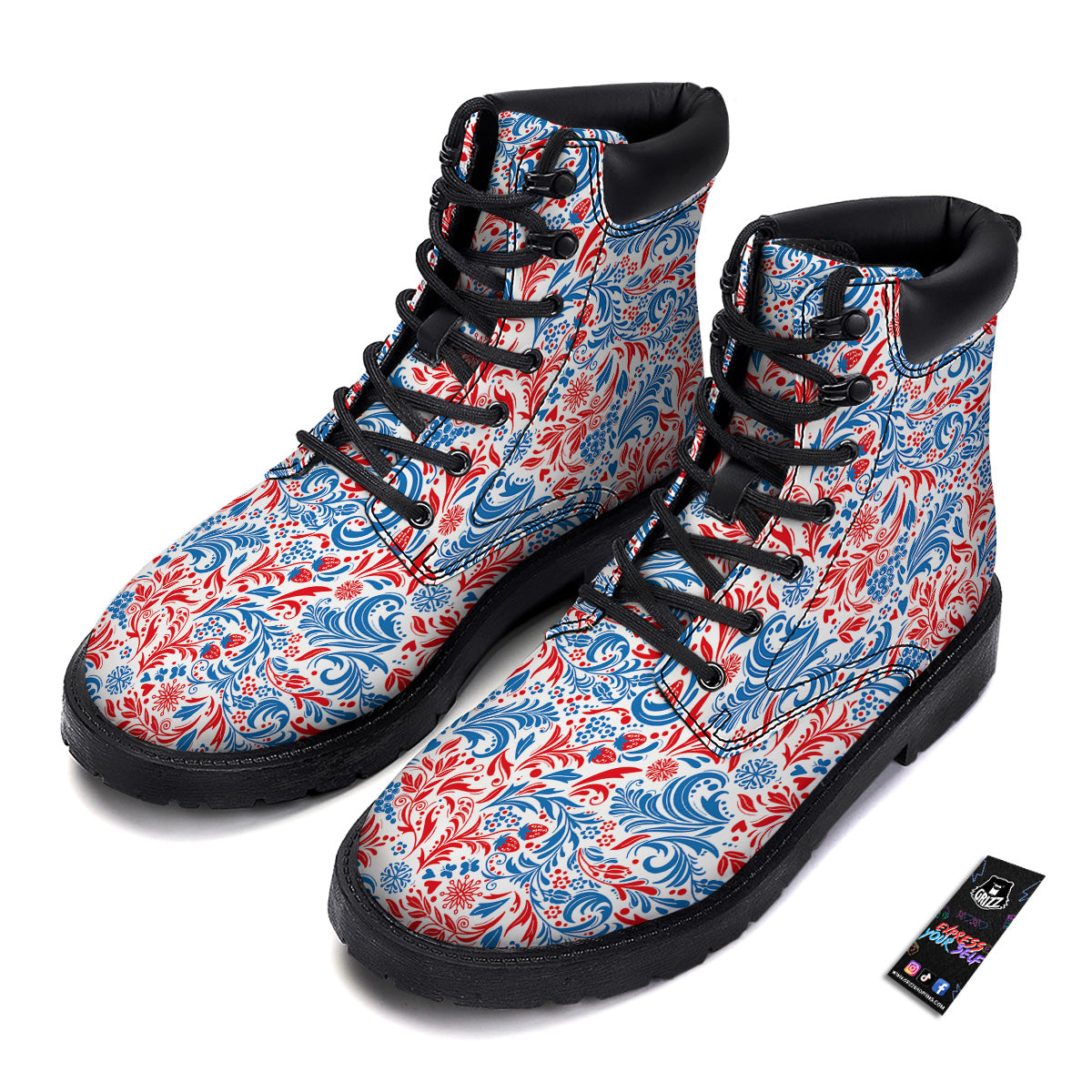 Traditional Khokhloma Red And Blue Print Pattern Boots-grizzshop