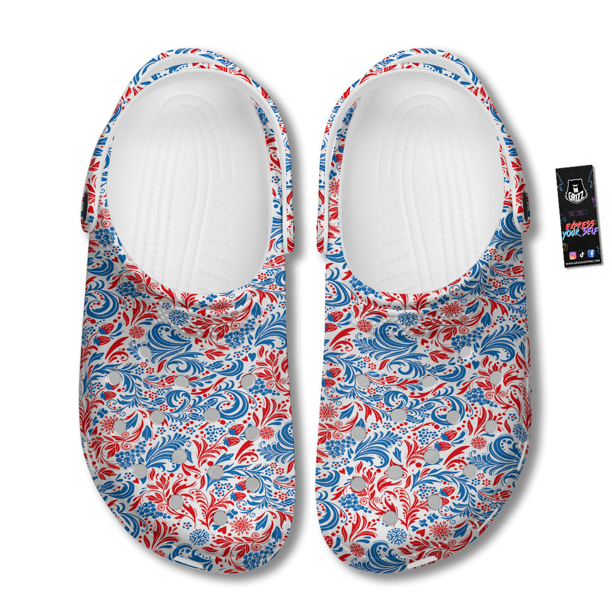 Traditional Khokhloma Red And Blue Print Pattern Clog-grizzshop