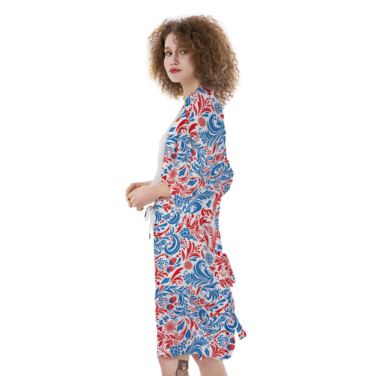 Traditional Khokhloma Red And Blue Print Pattern Kimono-grizzshop