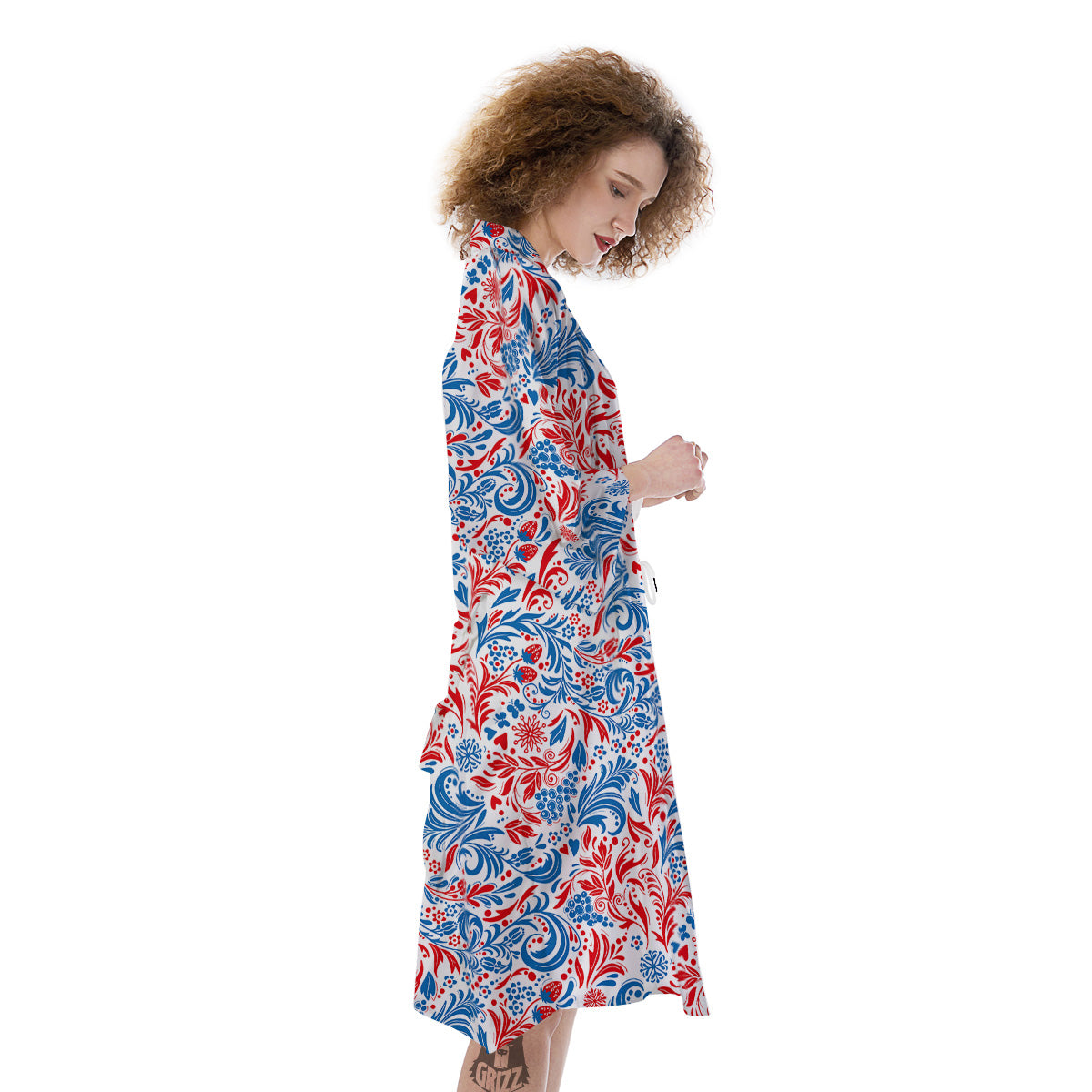 Traditional Khokhloma Red And Blue Print Pattern Kimono-grizzshop