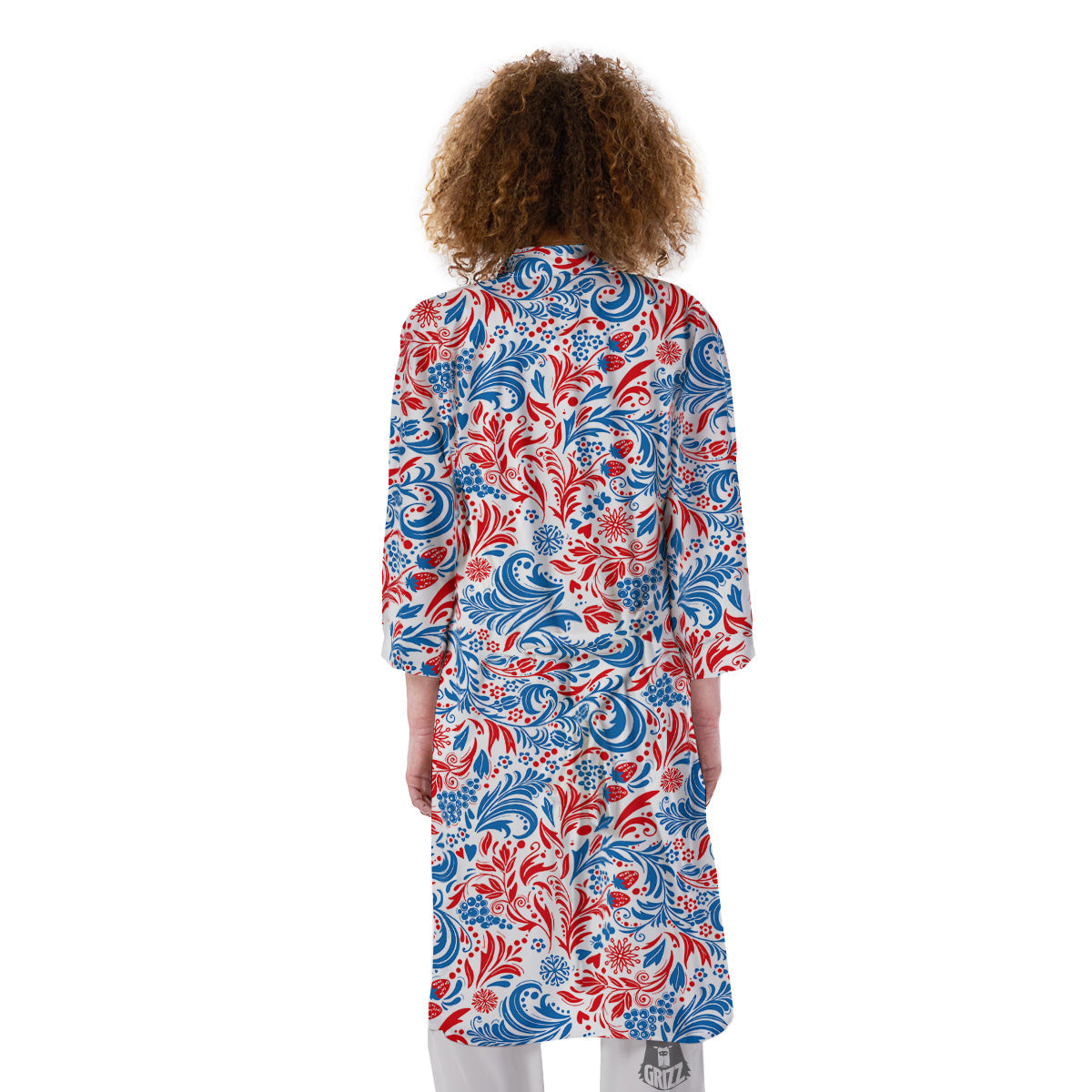 Traditional Khokhloma Red And Blue Print Pattern Kimono-grizzshop