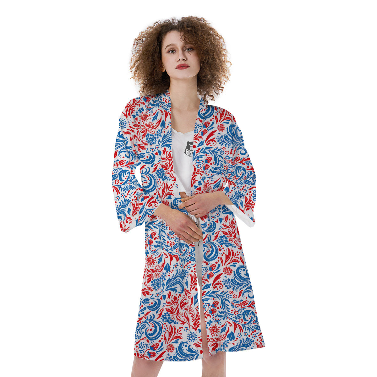 Traditional Khokhloma Red And Blue Print Pattern Kimono-grizzshop