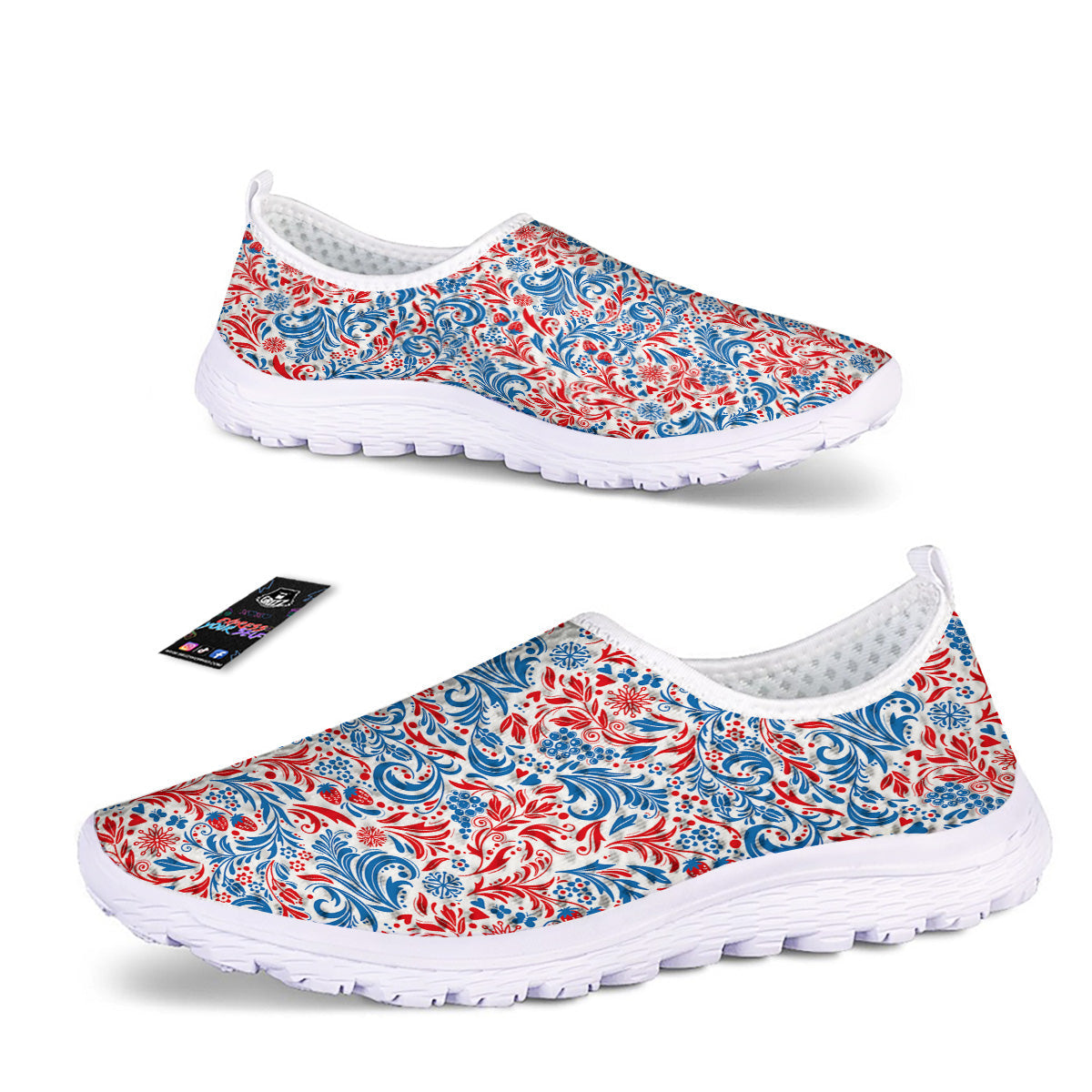 Traditional Khokhloma Red And Blue Print Pattern Nurse Shoes-grizzshop