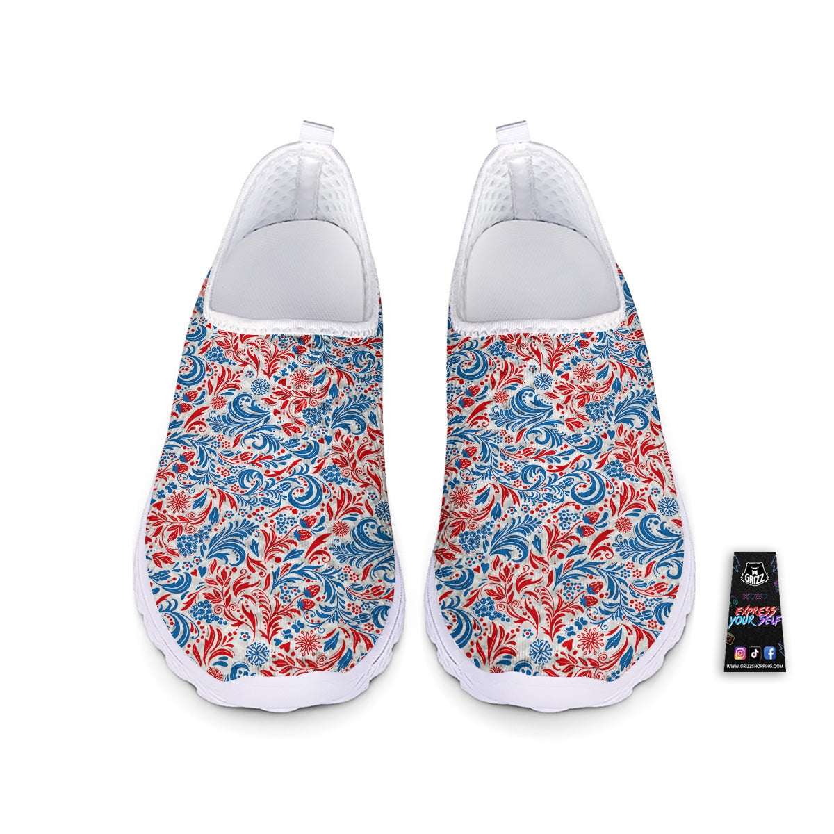 Traditional Khokhloma Red And Blue Print Pattern Nurse Shoes-grizzshop