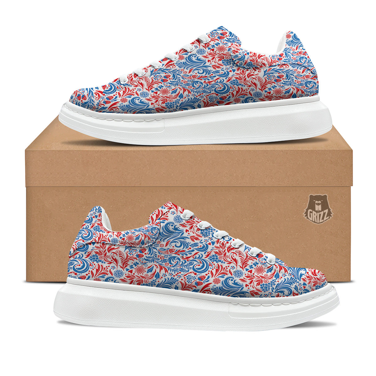 Traditional Khokhloma Red And Blue Print Pattern Platform Shoes-grizzshop