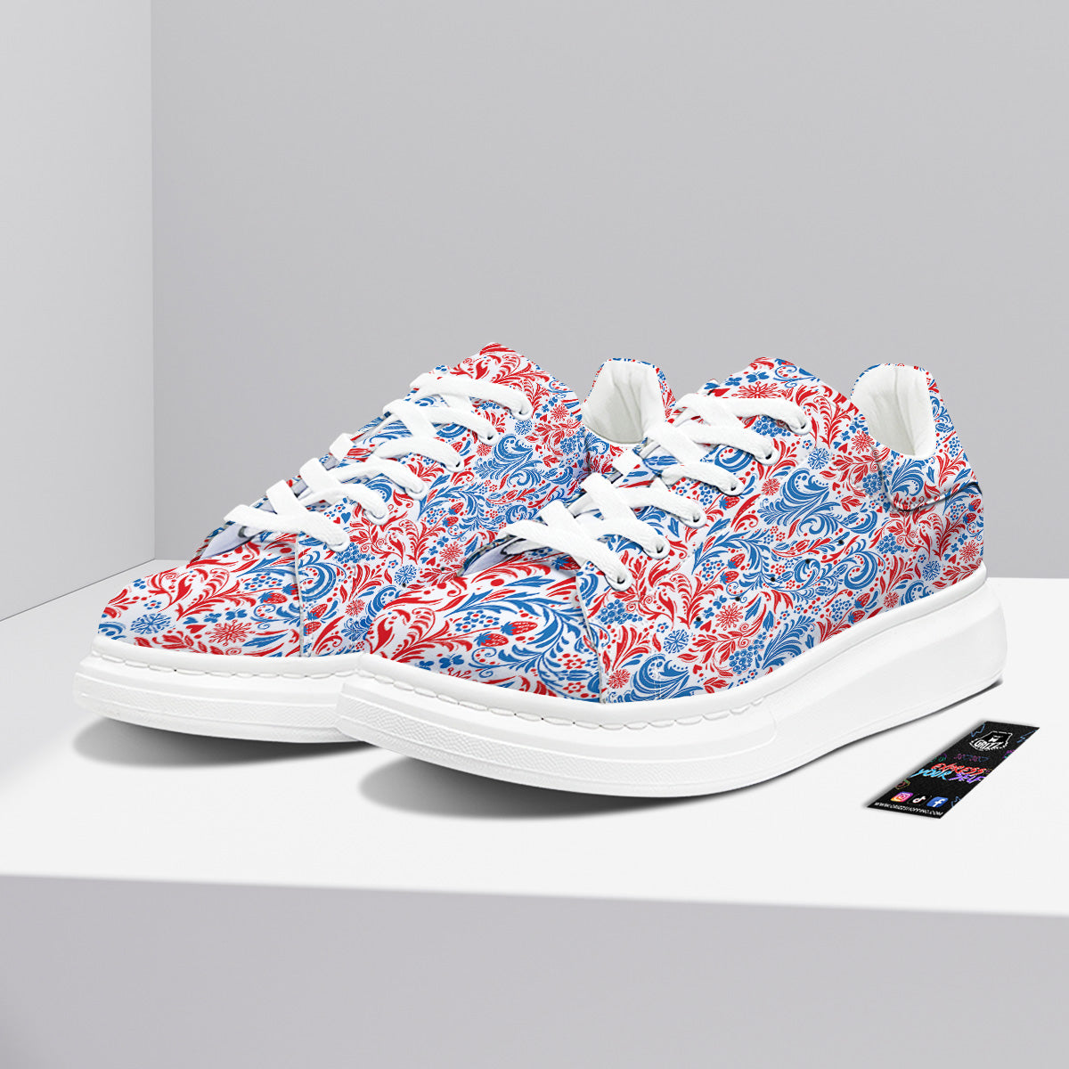 Traditional Khokhloma Red And Blue Print Pattern Platform Shoes-grizzshop