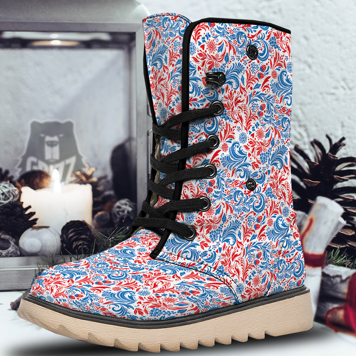 Traditional Khokhloma Red And Blue Print Pattern Snow Boots-grizzshop