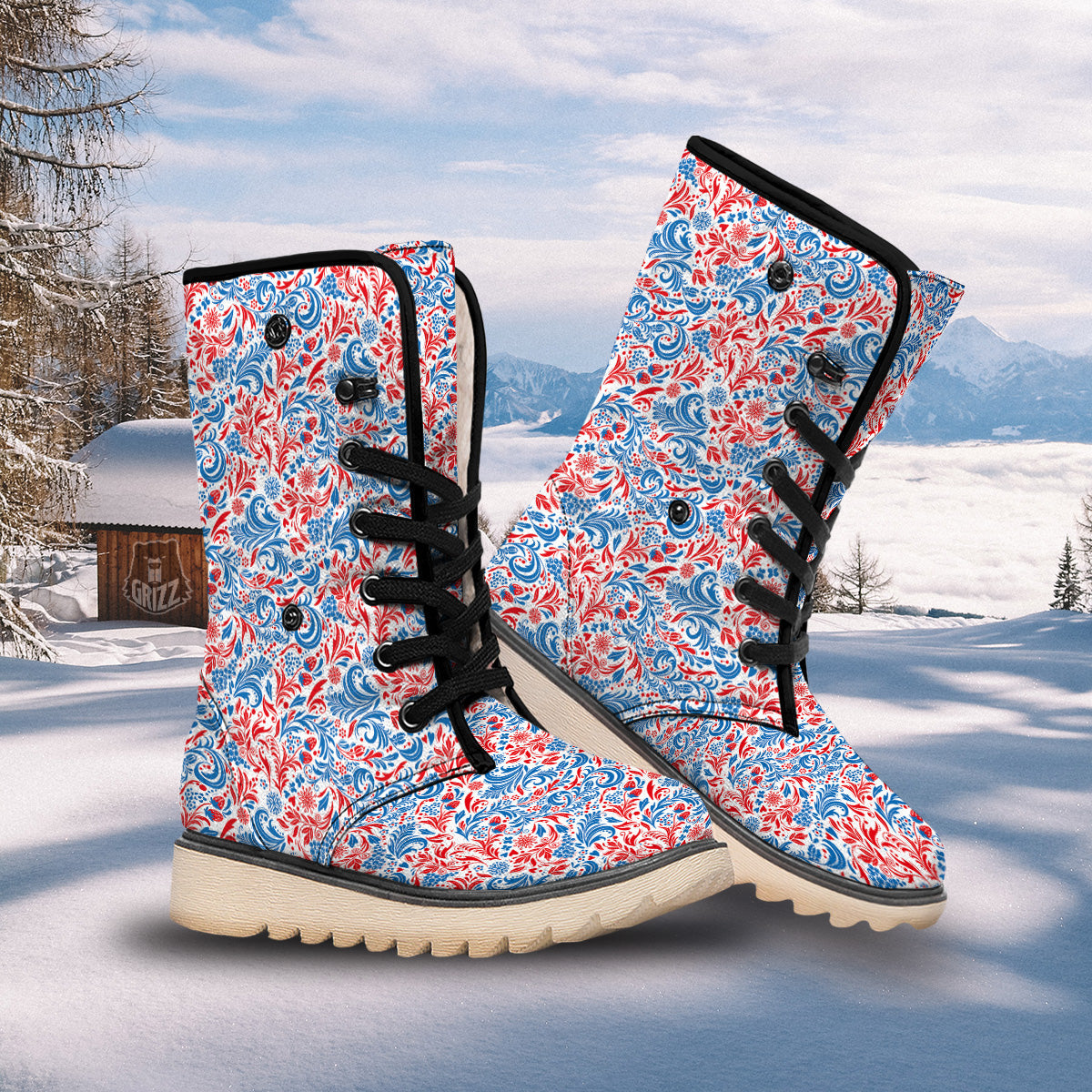 Traditional Khokhloma Red And Blue Print Pattern Snow Boots-grizzshop
