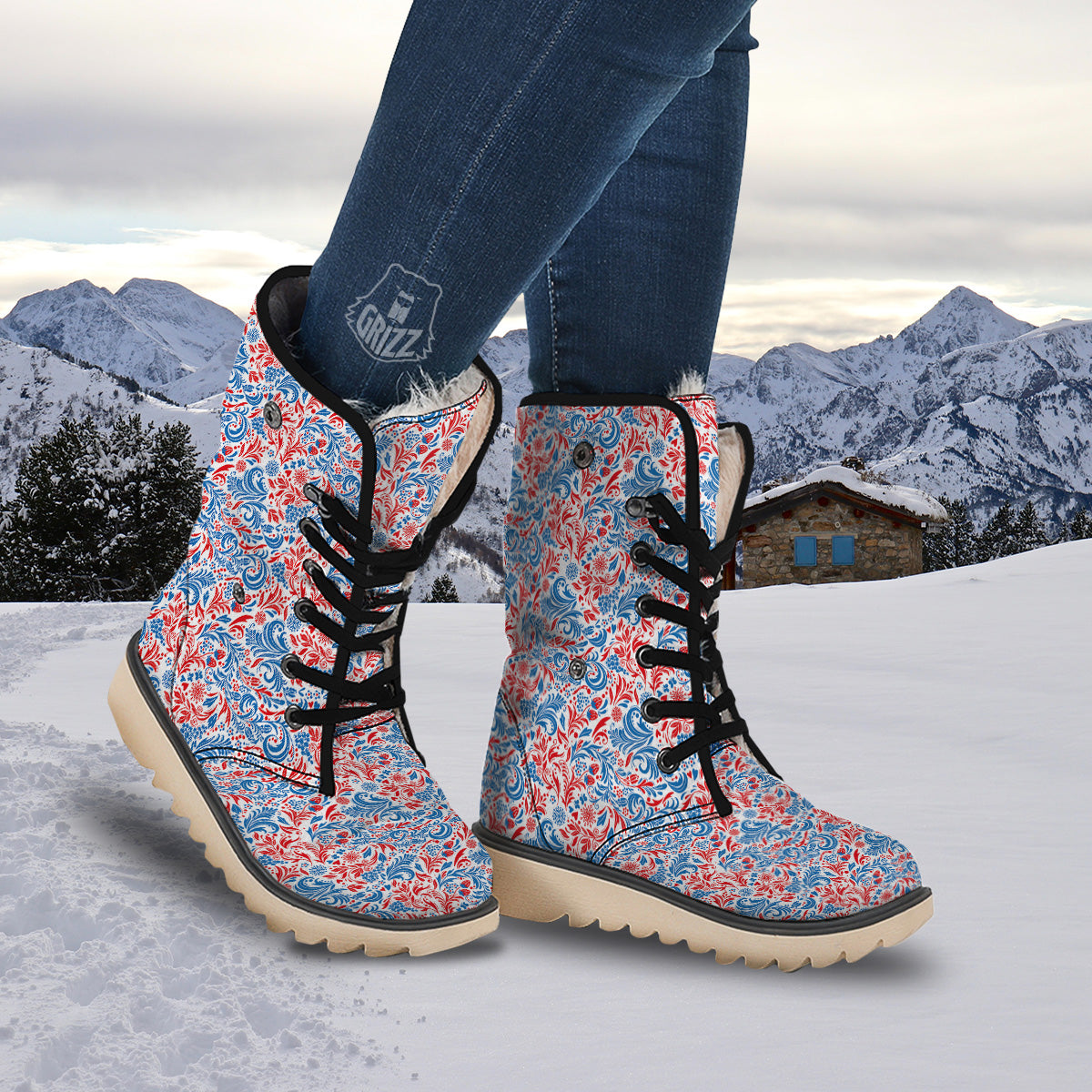 Traditional Khokhloma Red And Blue Print Pattern Snow Boots-grizzshop