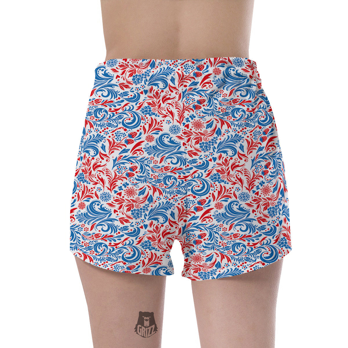 Traditional Khokhloma Red And Blue Print Pattern Women's Shorts-grizzshop