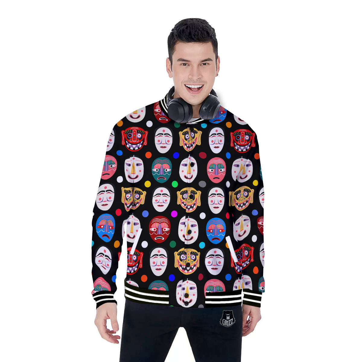 Traditional Korean Masks Print Pattern Baseball Jacket-grizzshop