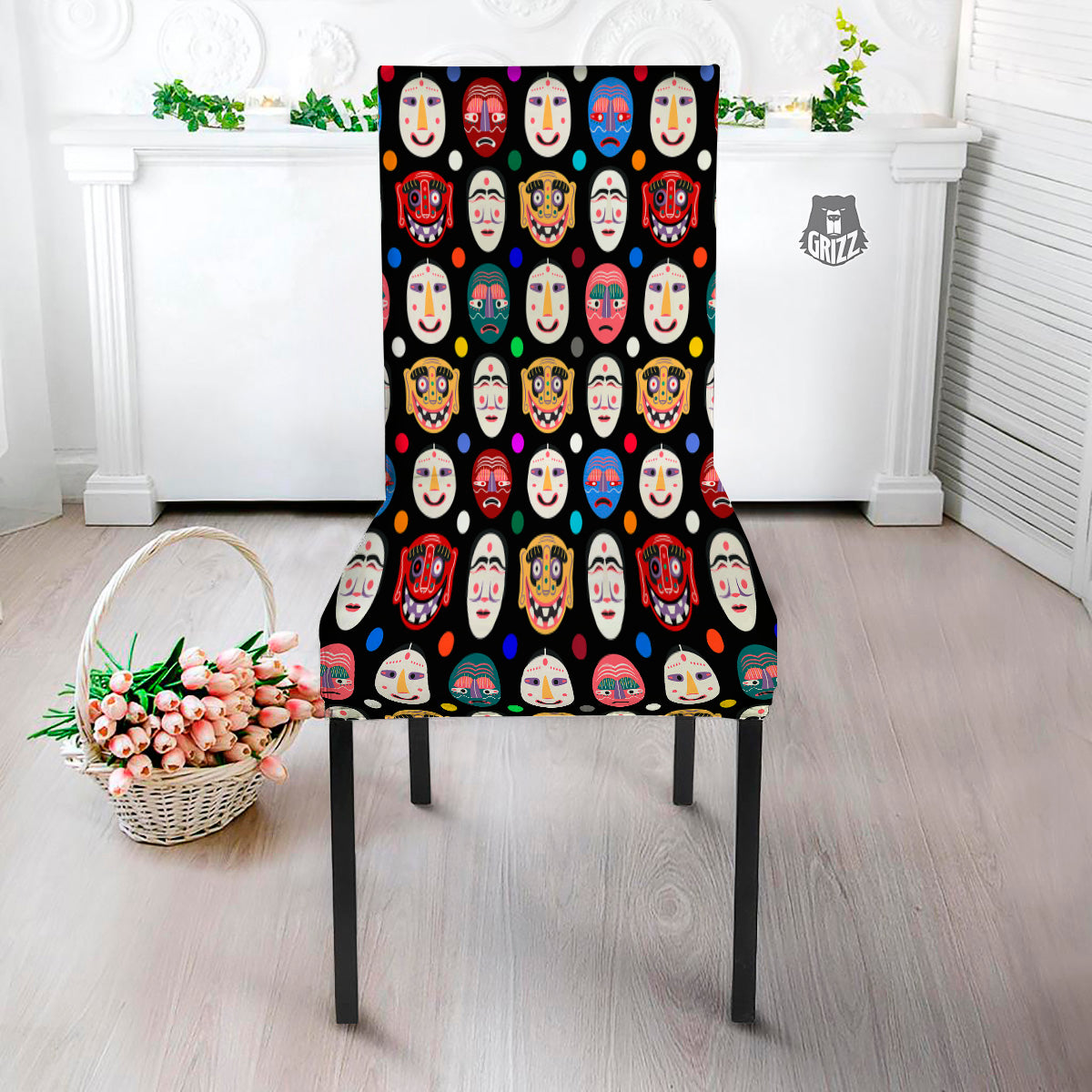 Traditional Korean Masks Print Pattern Dining Chair Slipcover-grizzshop