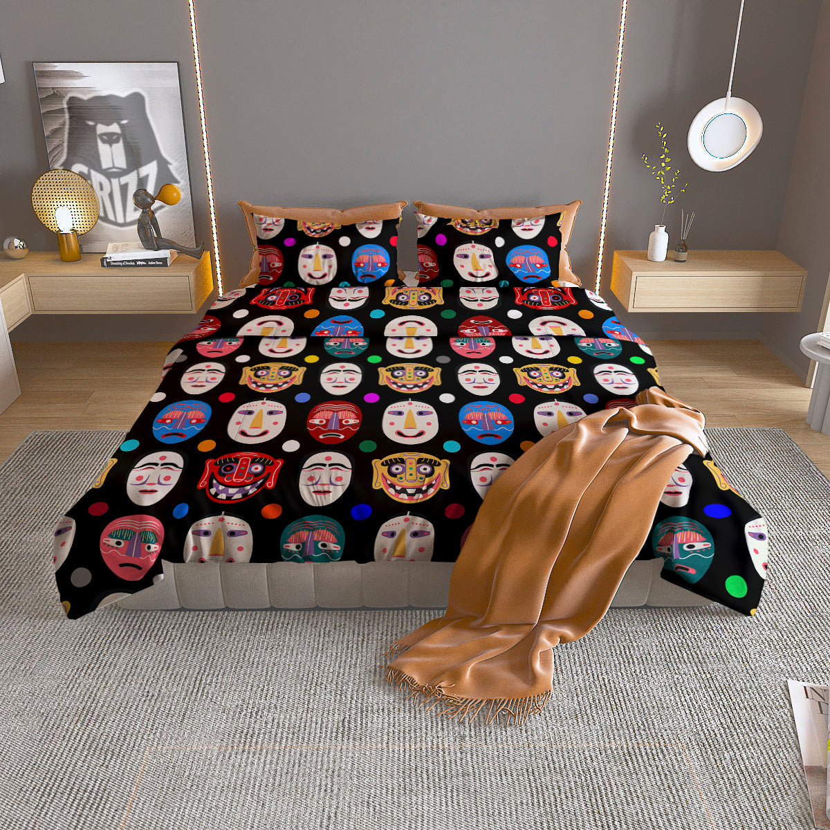 Traditional Korean Masks Print Pattern Duvet Cover Bedding Set